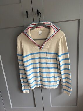 J. Crew Cream Sweater with Light Blue Stripes and Red-Trim Shawl Collar